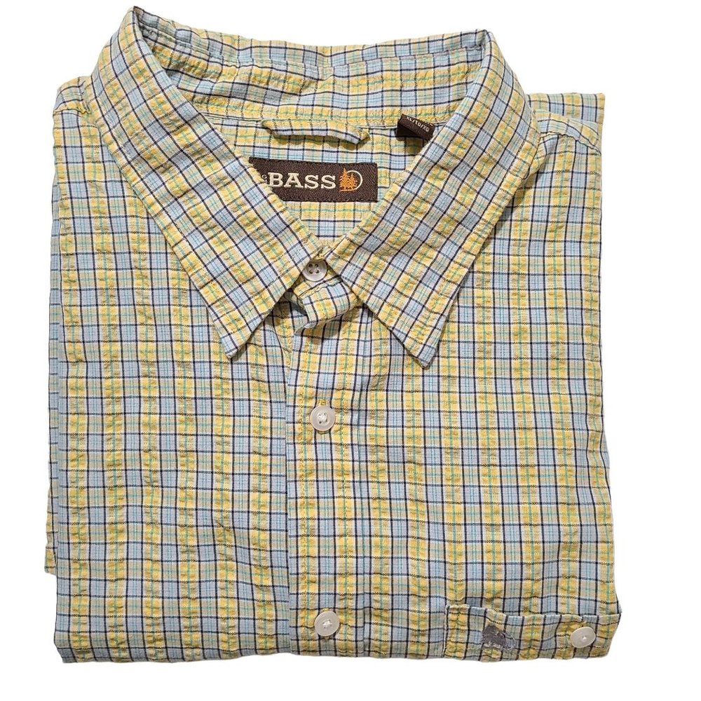Bass & Co Men's Seersucker Yellow Plaid Short Sleeve Button Down Shirt Size XL